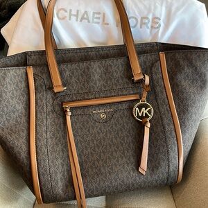 Michael Kors Brown Leather Carine Monogrammed MK Tote